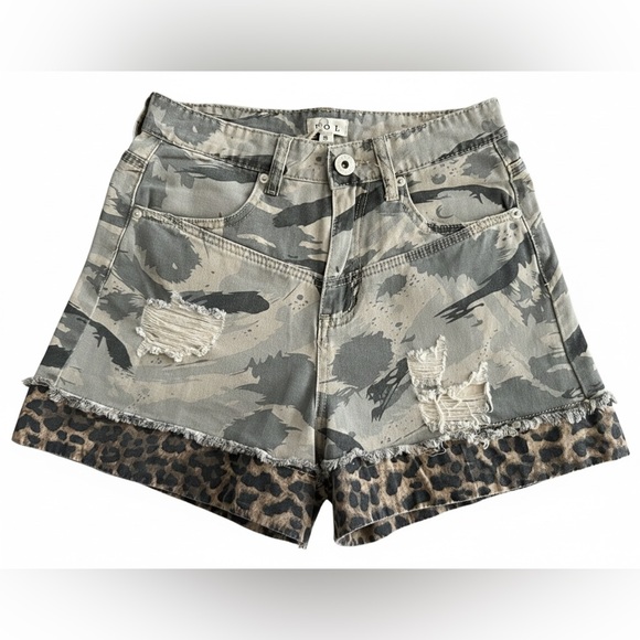 POL Pants - POL Camo & Leopard Print Distressed Denim Shorts Small Mixed Media NWT